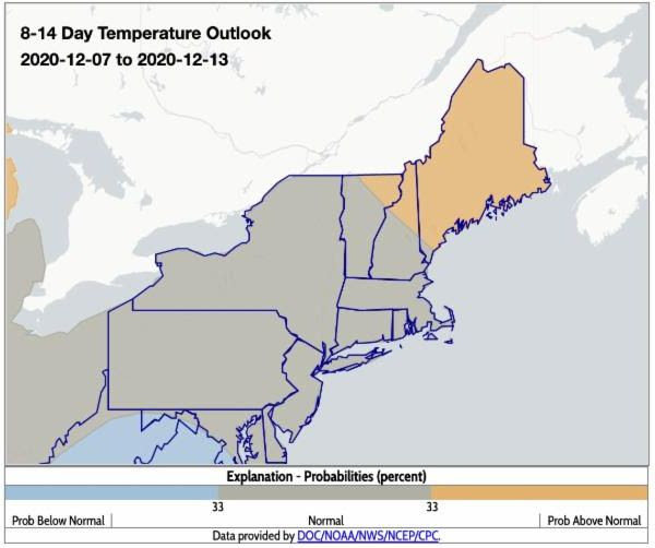 NOAA Climate Prediction Center 8-14 day temperature outlook for the Northeast U.S. Above normal temperatures are projected for parts of Maine, New Hampshire, and Vermont.