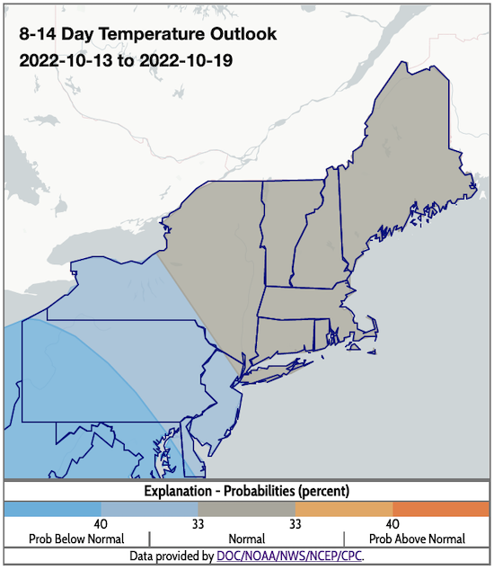 From October 13 to 19, odds favor below-normal temperatures in western New York and near-normal temperatures in the rest of the region.