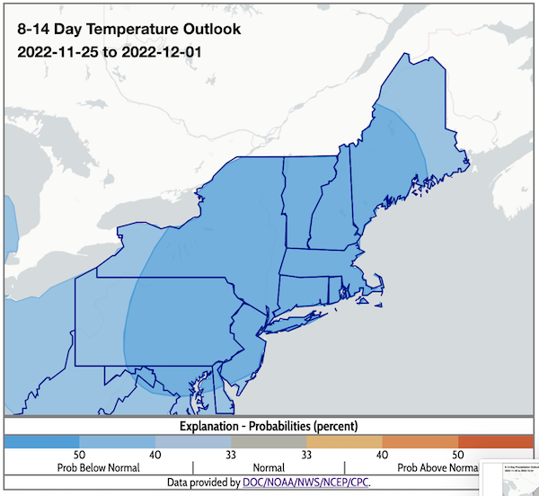 From November 25 to December 1, odds favor below-normal temperatures across the Northeast.