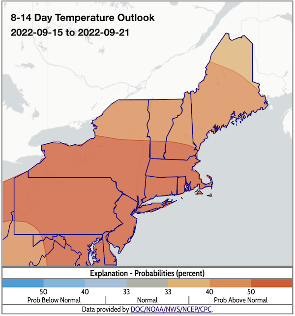 From September 9–15, odds favor above-normal temperatures across the Northeast.