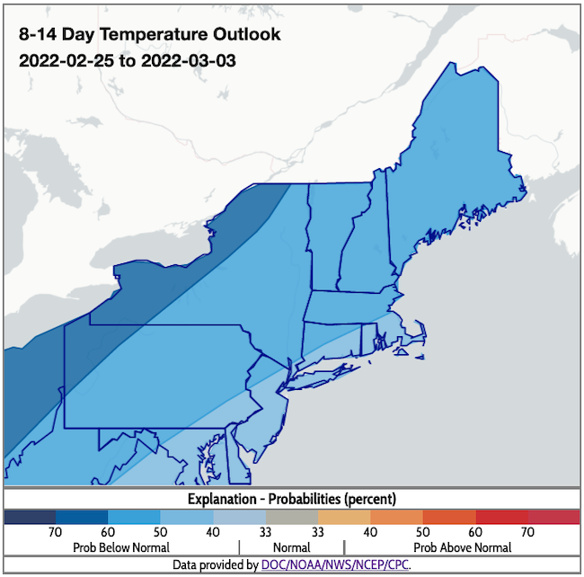 Climate Prediction Center 8-14 day temperature outlook for the Northeast, showing the probability of above, below, or near normal conditions from February 25 to March 3, 2022.
