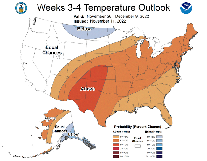 From November 26 to December 9, odds favor above-normal temperatures for the Northeast.