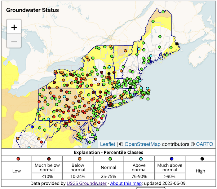 Groundwater levels are below normal in much of western/central New York, with a few below-normal sites in Massachusetts, Vermont, Connecticut, and Rhode Island. Maine groundwater levels are normal to above normal.