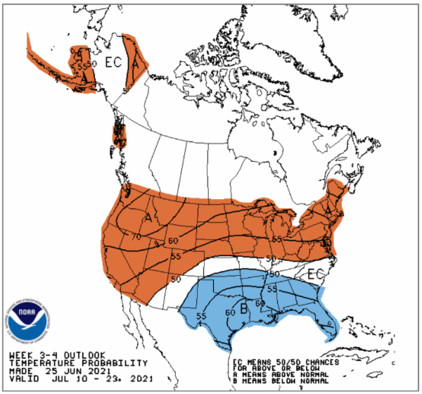 NOAA Climate Prediction Center week 3-4 temperature outlook for the Northeast U.S. Above normal temperatures are projected across the country