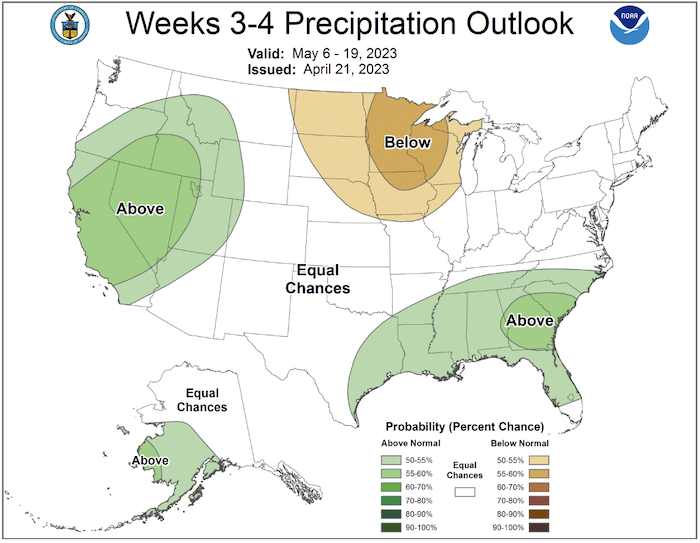 From April 1–14, odds favor above-normal precipitation for Connecticut, Rhode Island, most of Massachusetts, and southern New York/Long Island. Elsewhere, there are equal chances of above- or below-normal conditions.