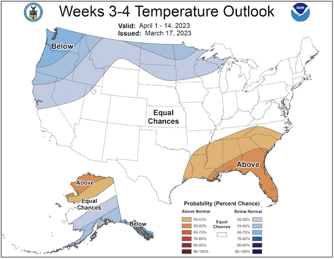 From April 1–14, there are equal chance of above- or below-normal temperatures across the Northeast.