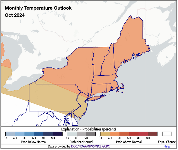 Odds favor a 33% to 50% chance of above-normal temperatures across the Northeast in October 2024.