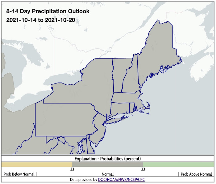 Climate Prediction Center 8-14 day precipitation outlook for the Northeast, showing the probability of above, below, or near normal conditions from October 14-20, 2021.