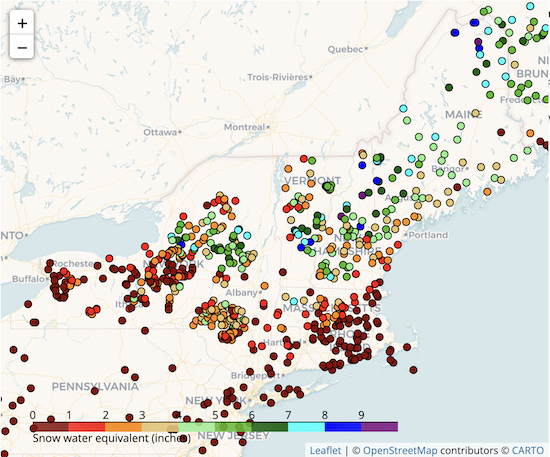 For March 12 to 16, snow water equivalent (SWE) is 3 to 9+ inches at most stations across Maine