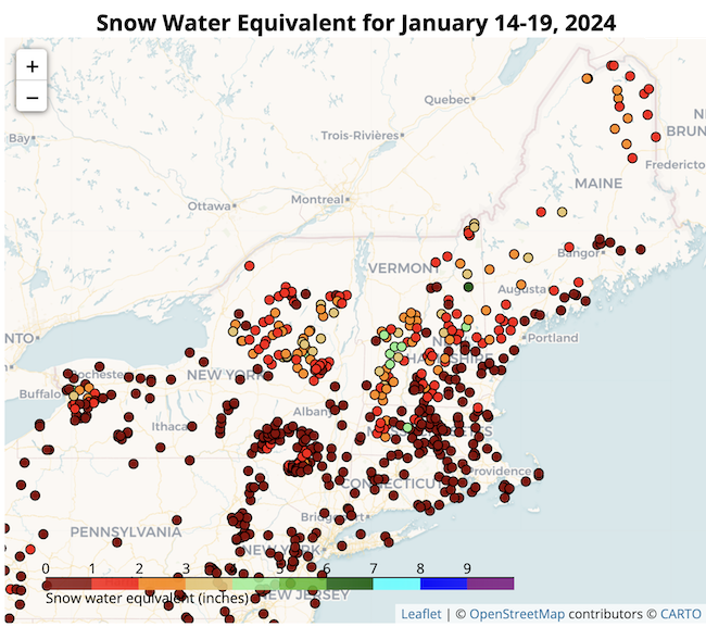 Snow water equivalent is below normal across much of the Northeast.