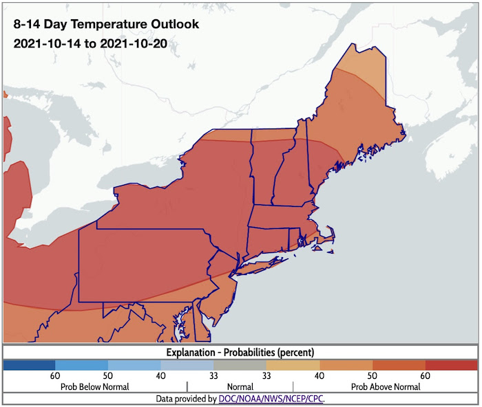 Climate Prediction Center 8-14 day temperature outlook for the Northeast, showing the probability of above, below, or near normal conditions from October 14–2-, 2021.
