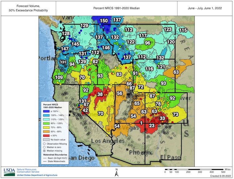 June-July forecast volume values for watersheds in the western U.S.