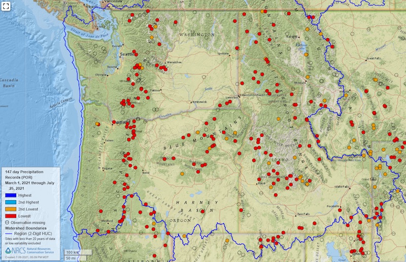  Map of Washington, Oregon, and Idaho displays a series of dots that represent NRCS Snotel stations. The majority of these stations across the Cascades, Blue, and Bitterroot Mountain Ranges set records for lowest precipitation from March 1 to July 25. A stations are intermingled that had their 2nd lowest precipitation rates science March. 
