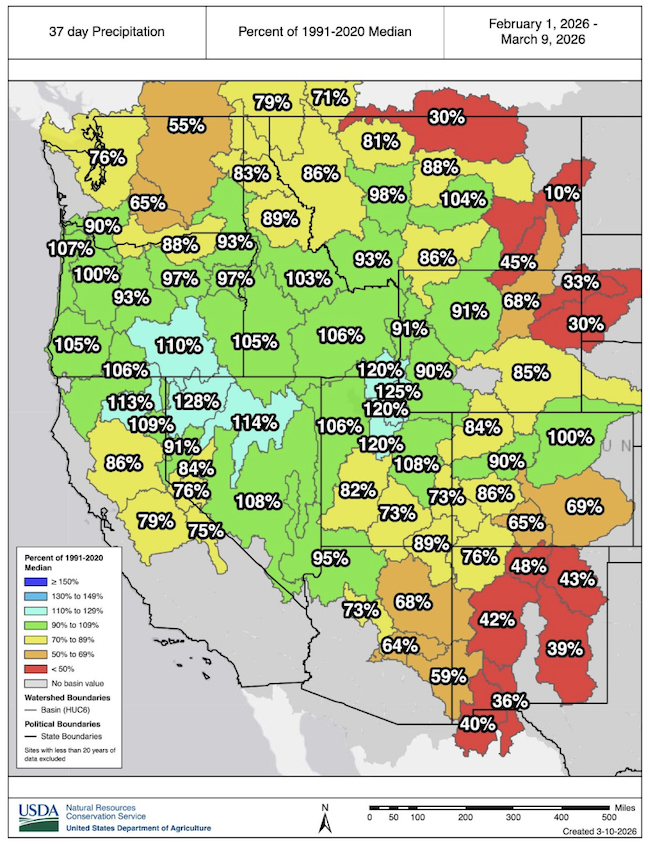 February precipitation was near-normal to above-normal across much of the West. The largest precipitation deficits were in portions of Montana, Wyoming, Colorado, New Mexico, Arizona, and Washington.