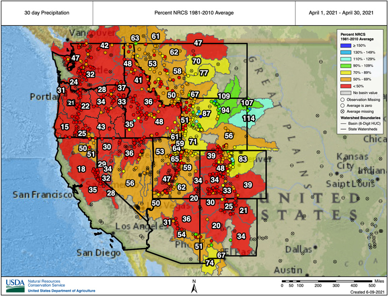 SNOTEL water year to date precipitation basin values over the western U.S. as a percent of the NRCS 1981-2010 median, valid June 4, 2021.