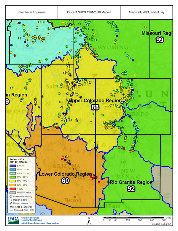 Snow water equivalent map of the Intermountain West for March 24, 2021.  The Upper Colorado River Region is at 88% of normal. The Lower Colorado River Region is at 66% of normal. 