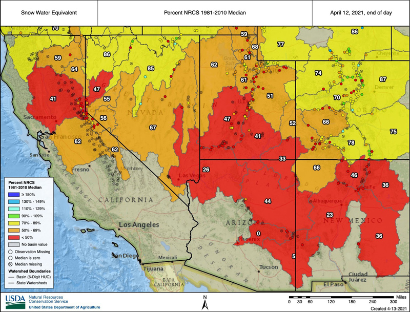 A map of the western U.S. showing the percent of 1981-2020 median snow water equivalent values from the NRCS from 4/12/2021. SWE in the Sierras is primarily between <50% and 70%.