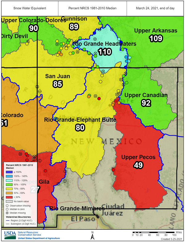 SNOTEL snow water equivalent as percent of the Natural Resources Conservation sERVICE 1981-2010 average. The snow water equivalent for the regions that feed into the Rio Grande and Pecos reservoirs is lower than normal.