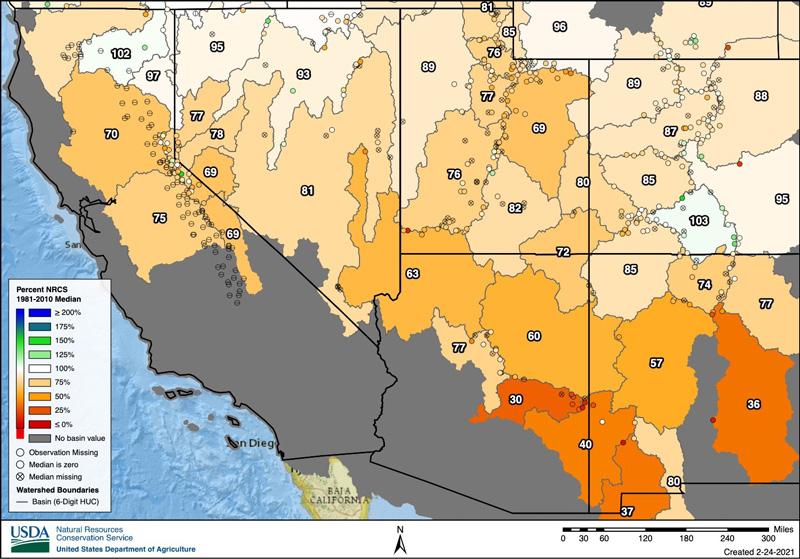 Snow water equivalent for the Western U.S. as a percent of the NRCS 1981-2020 median, valid February 23, 2021. SWE in the Sierras is primarily between 50% and 75%.