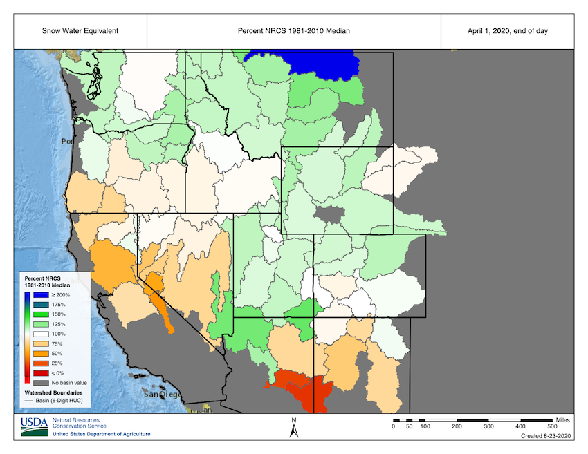 USDA Natural Resources Conservation Service (NRCS) snow water equivalent (SWE) basin values over the western U.S. for April 1, 2020.