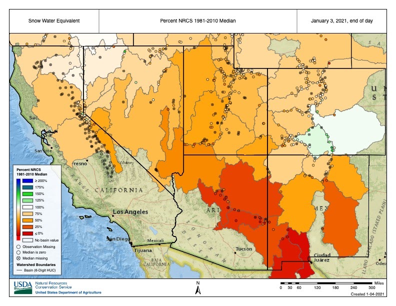 Snow water equivalent percent of 1980-2010 median from January 3, 2020, for the Western U.S.