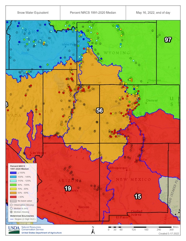 Snow water equivalent levels for May 16.  The upper Colorado River Basin was at 56% of normal for mid-May. The lower Colorado River Basin was at 19% of normal for mid-May.