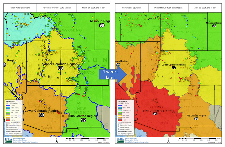 Snow Water Equivalent map of the Intermountain West for 21 April 2021. The Upper Colorado River Region is at 71% of normal, the Lower Colorado River Region is at 26% of normal. 