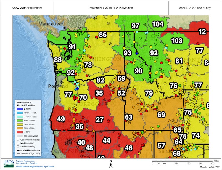  Basin-wide snow water equivalent across the Pacific Northwest as a percent of the NRCS 1991-2020 median. SWE in southern Oregon basins currently is 27%-49% of normal.