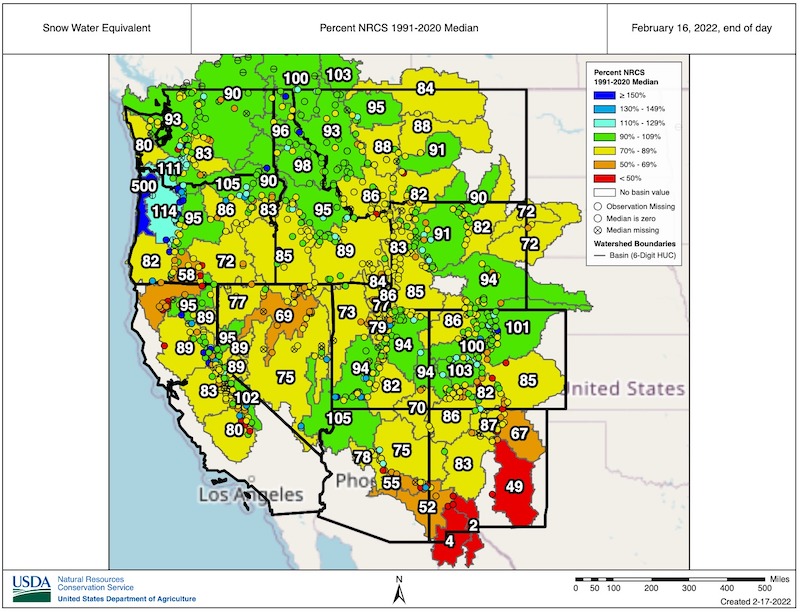 Snow Telemetry (SNOTEL) snow water equivalent values for watersheds in the western U.S. as a percentage of the 1991–2020 median. 