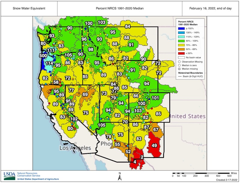 Snow Telemetry (SNOTEL) snow water equivalent values for watersheds in the western U.S. as a percentage of the 1991–2020 median.
