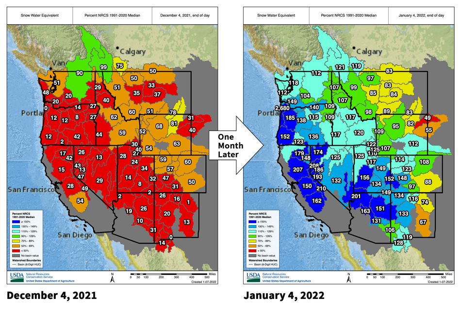 From December 4, 2021 to January 4, 2022 Snow Water Equivalent levels increased from below 50% of normal to above 150% of normal for the Sierra Nevadas and the Cascades, and the mountains of southern Utah and northern Arizona. 