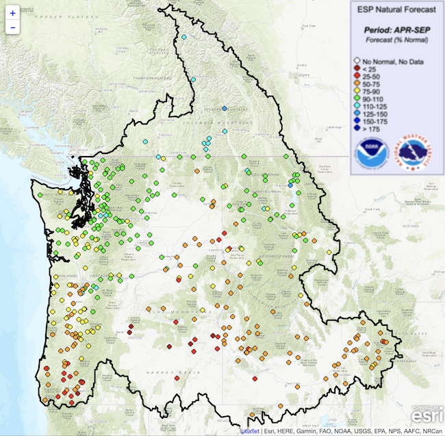 Northwest River Forecast Center Ensemble Prediction System Natural Forecast for April to September 2022. The water supply will continue to be below normal for the regions in which drought currently is the most severe, including southwestern and central Oregon and southern Idaho. 