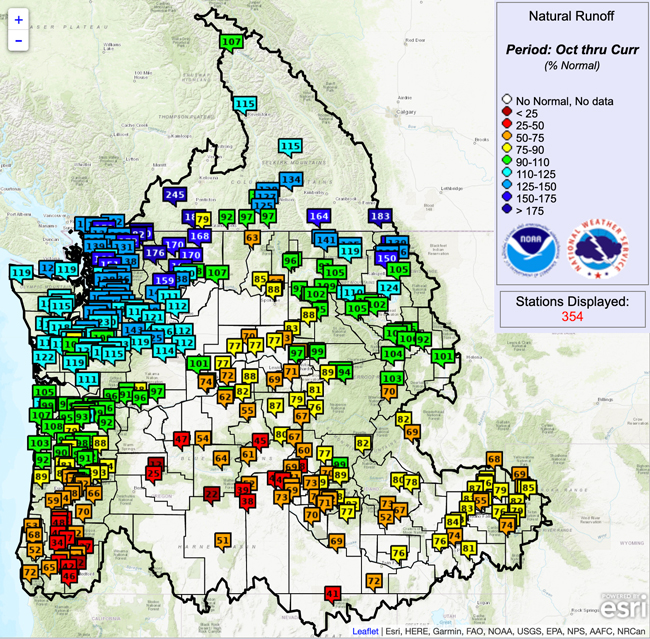 Northwest River Forecast Center Observed Water Year Natural Runoff as Percent of Normal from October 2021 to April 7, 2022. Flows are lower than normal across southeastern and central Oregon and southern Idaho. 