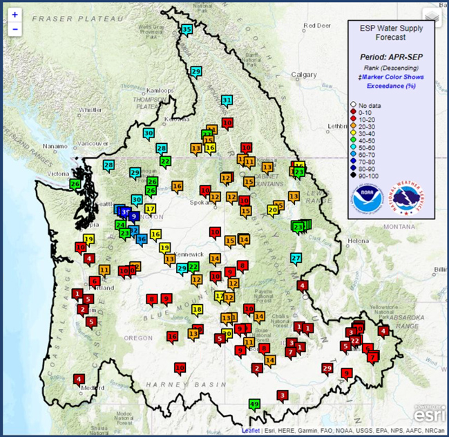 NOAA Northwest River Forecast Center Water Supply Forecast for the period of April through September. The water supply forecast for most sites rank 10%-20% or 20-30% range with some sites in the Oregon Cascades and in Idaho in the 0%-10% range. 