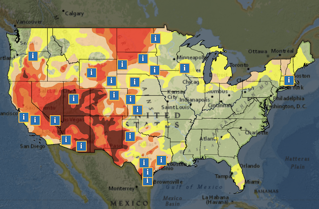 Map of active National Weather Service drought information statements across the U.S., on top of the U.S. Drought Monitor.
