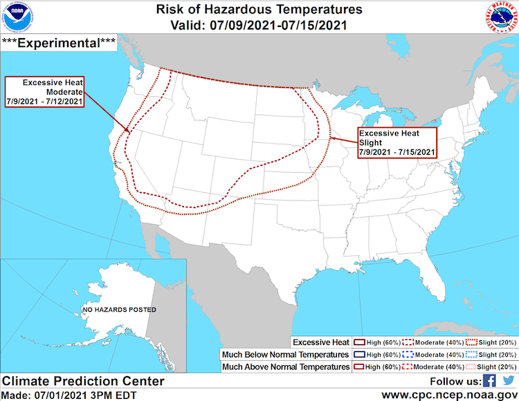 Climate Prediction Center hazards outlook, showing the areas where there is slight to moderate risk for excessive heat from July 8-14, 2021. This likely means temperatures in the triple digits in areas during this time.
