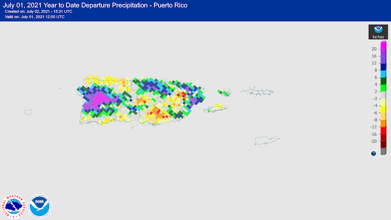 Year-to-date departure from normal precipitation for Puerto Rico, through July 1, 2021.