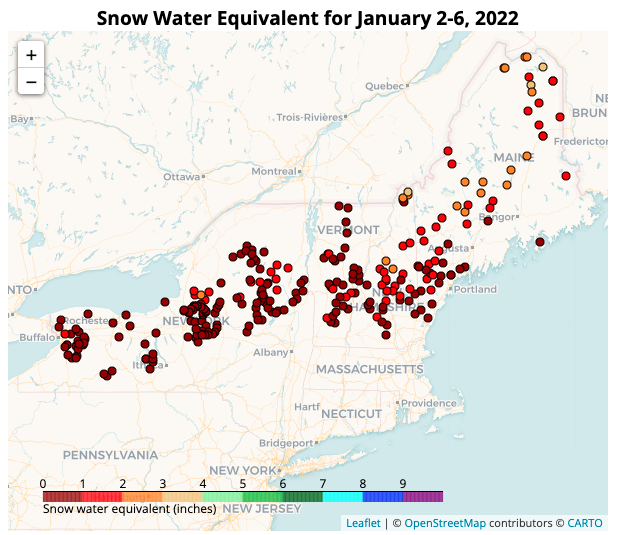Example New York and New England Snow Survey Map, showing snow water equivalent across the region for January 2-6, 2022.