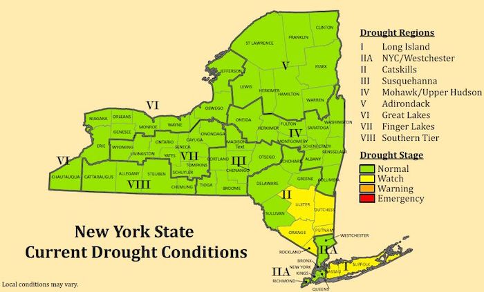 According to the latest drought conditions map from the state of New York, Ulster, Dutchess, Orange, Rockland, Putnam, Nassau, and Suffolk counties are in the "watch" Drought Stage.