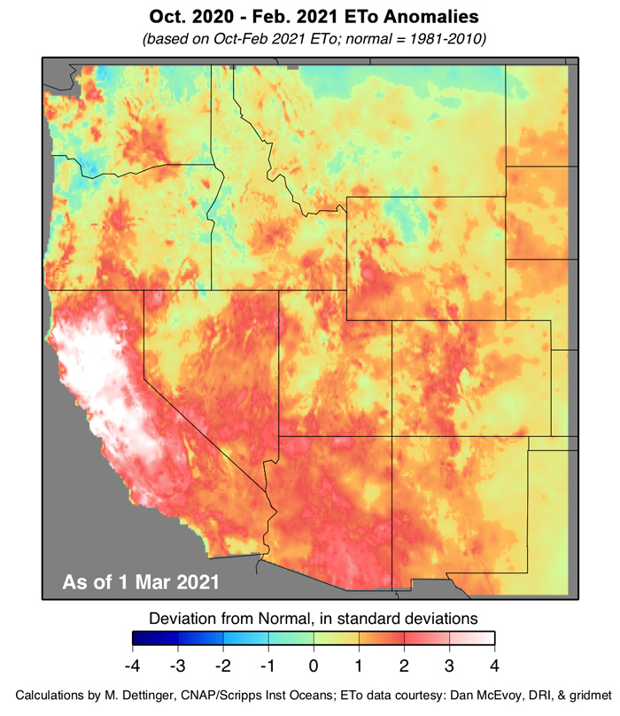 Water year to March 1, 2021 evaporative demand (ETo) anomalies for the Western U.S. Much of the western U.S. (especially the southwestern U.S.) is 1-4 standard deviations above normal.