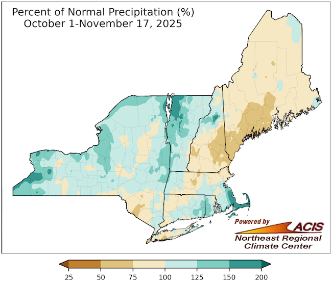  From October 1-November 17, precipitation was above normal throughout Vermont, eastern and western portions of New York, Rhode Island, and the Cape Cod region of Massachusetts. Elsewhere, precipitation was below normal.