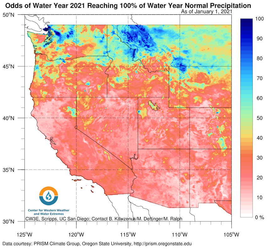 Map of the western U.S. showing the odds of Water Year 2021 reaching 100% of water year normal precipitation. The odds of reaching normal precipitation is between 10%-30% throughout the region.