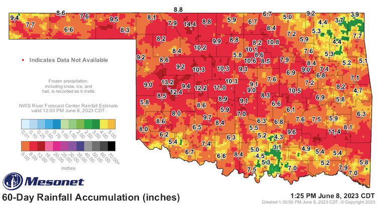 In the past 60 days, much of western Oklahoma has seen surpluses of 3-5 inches, with some isolated precipitation surplus amounts exceeding 6 inches, through the last 60 days. 