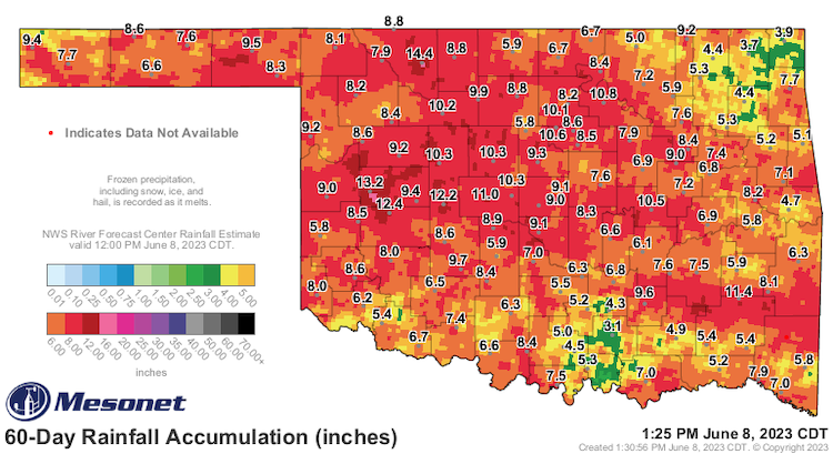 In the past 60 days, much of western Oklahoma has seen surpluses of 3-5 inches, with some isolated precipitation surplus amounts exceeding 6 inches, through the last 60 days.