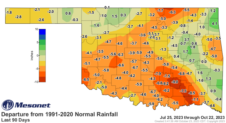 For July 25 to October 22, precipitation deficits exist in far-southwestern and north-central Oklahoma, as well as the western Panhandle and an area along the east-central border of the state.