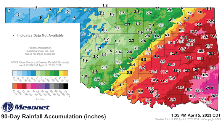 Areas to the north and west of I-44 recorded 1-3 inches of rainfall in 2023, generally speaking, while areas to the south and east enjoyed totals of 9-15 inches or more. 
