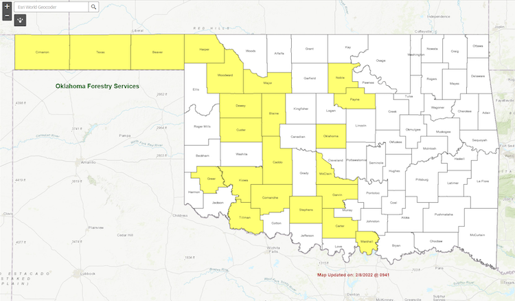 Oklahoma Forestry Service's Oklahoma burn ban map as of Feb. 8, 2022. 22 counties are under a burn ban.
