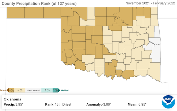 County precipitation rankings for November 2021–February for the state of Oklahoma, compared to historical conditions since 1895.