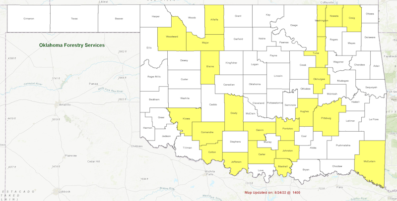 Oklahoma county burn ban map on 24 August, 2022