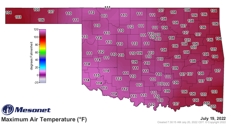 On July 19, 2022, every station in the Oklahoma Mesonet reached temperatures of 103 ºF or above.